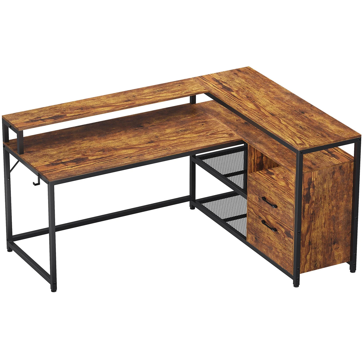 Brown L Shaped Computer Desk with LED Lights and 2 Drawers J62224