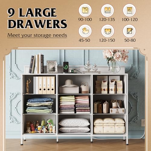 Black 9 Drawer Fabric Dresser with LED Lights and Charging Station E4963