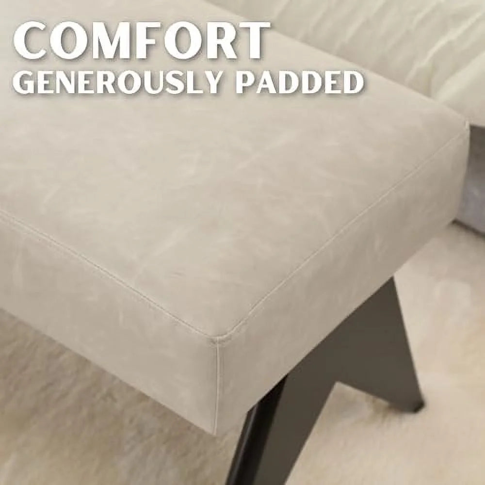 White Upholstered Ottoman Bench with Wood Legs C584