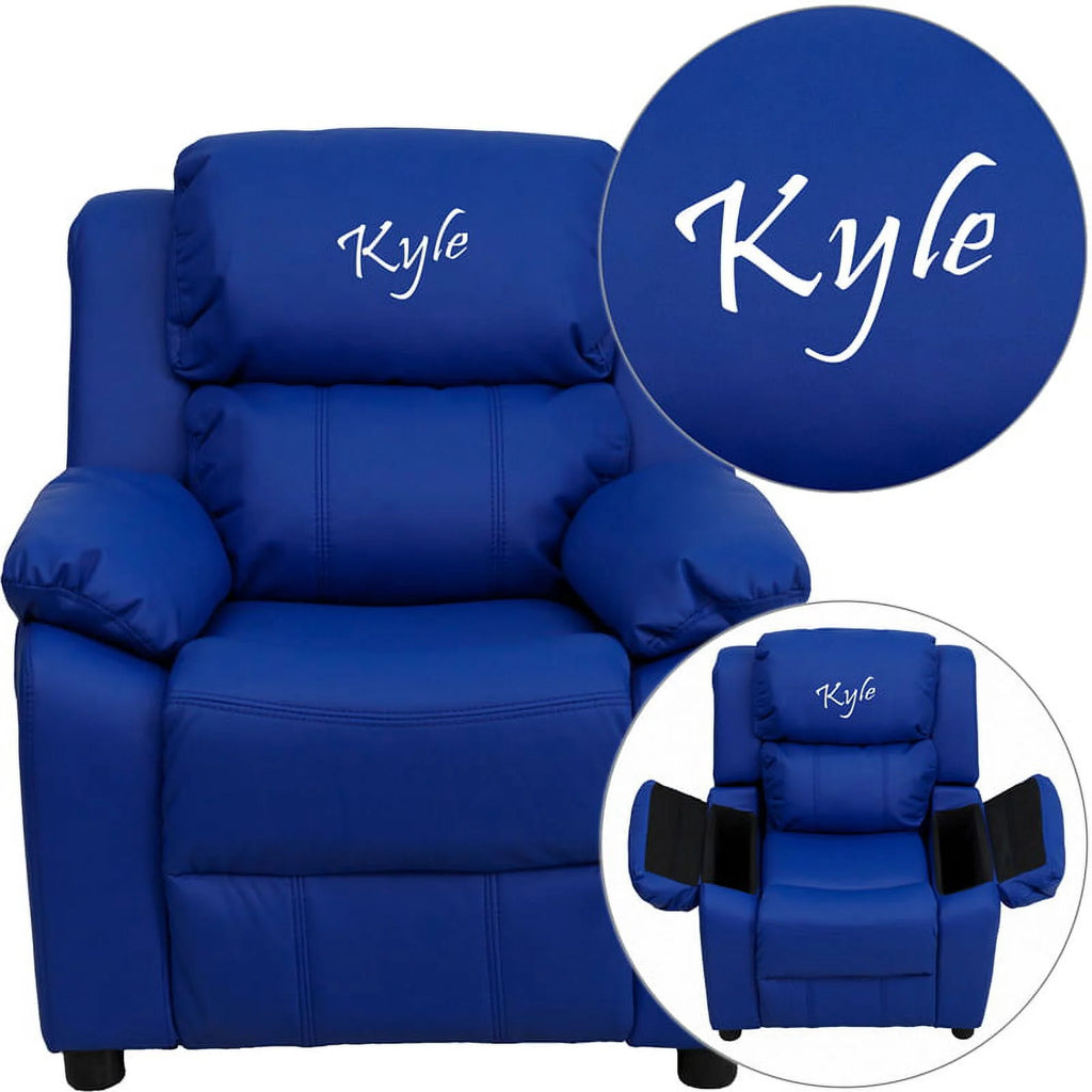 Blue Vinyl Kids Recliner with Storage Arms F92352