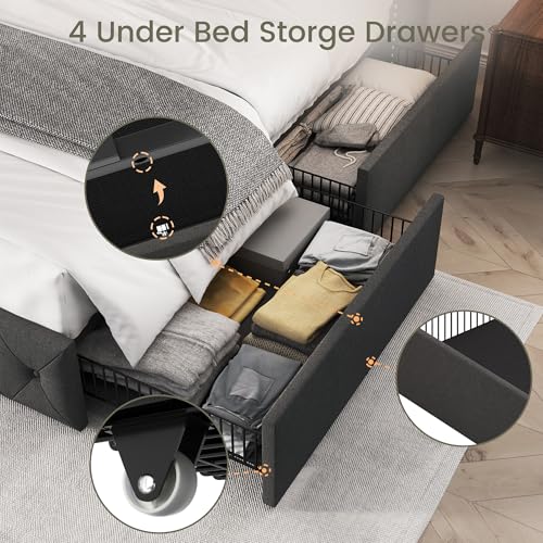 King Size Linen Upholstered Bed Frame with 4 Storage Drawers G846
