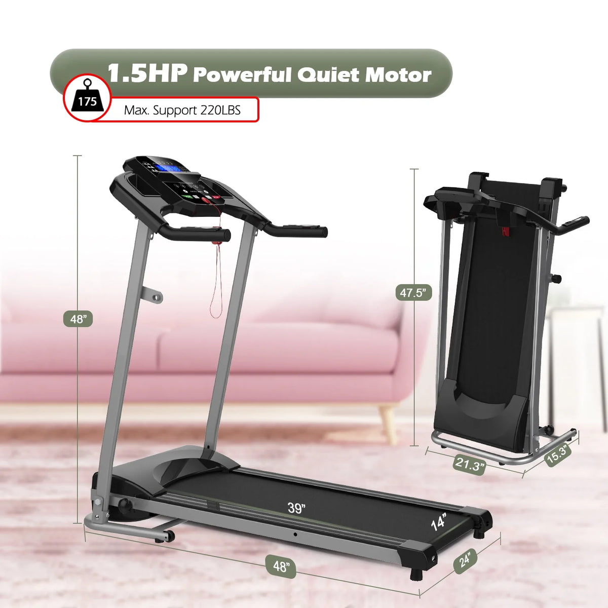 Folding 1.5HP Electric Treadmill Black Y905