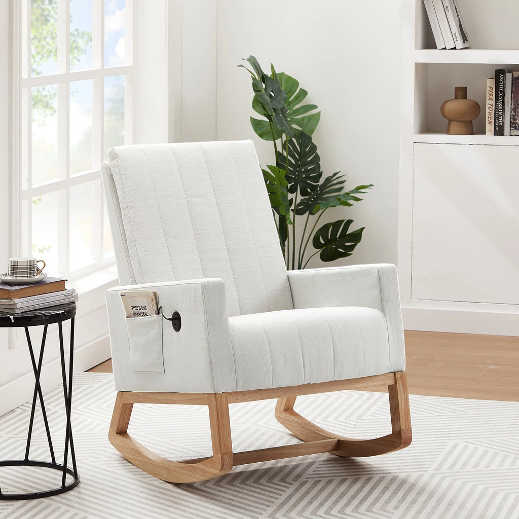 Mid-Century Rocking Nursery Chair with USB Ports and Storage Pockets H962