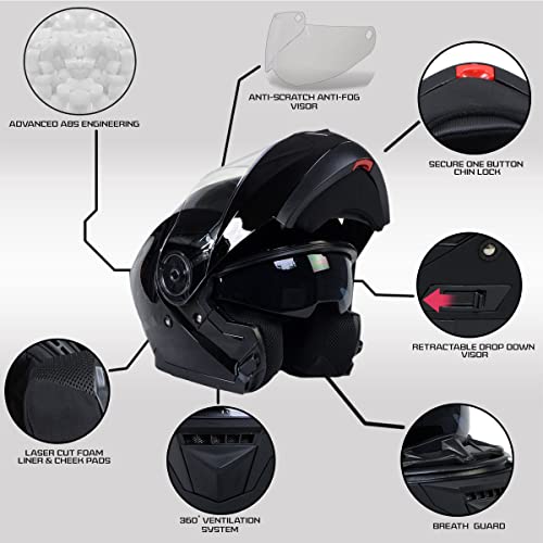 Gloss Black Modular Motorcycle Helmet with Drop Down Visor XX-Large L9597