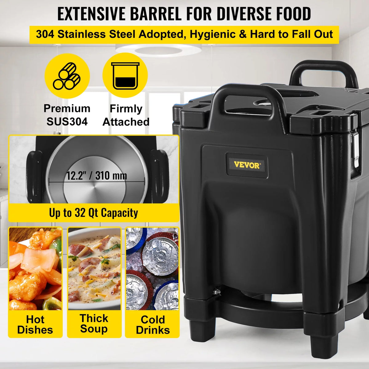 Black 32Qt Insulated Stackable Food Carrier with Stainless Steel Barrel P758