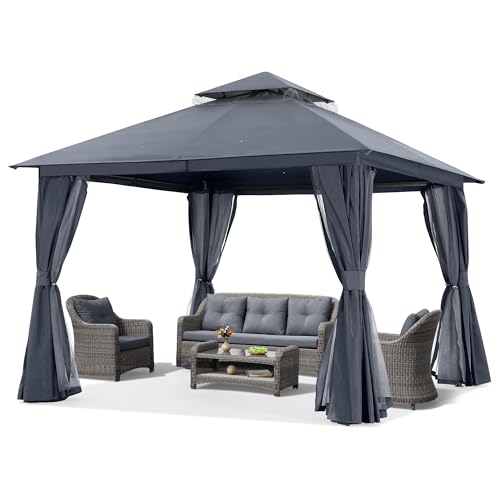 Dark Grey 9x9 Double Roof Patio Gazebo with Mosquito Netting and Curtain T171091