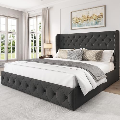 King Size Linen Upholstered Bed Frame with 4 Storage Drawers G846