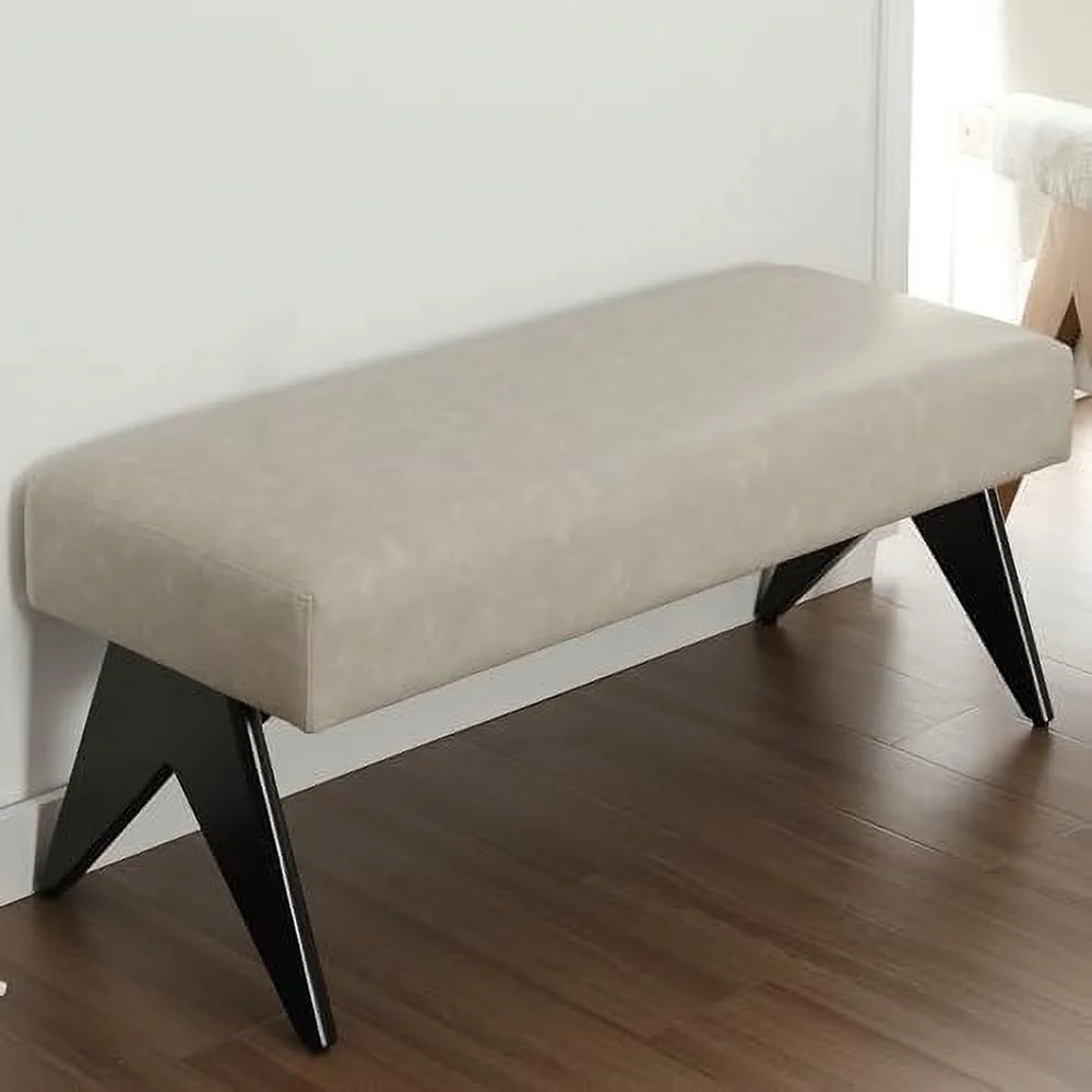 White Upholstered Ottoman Bench with Wood Legs C584