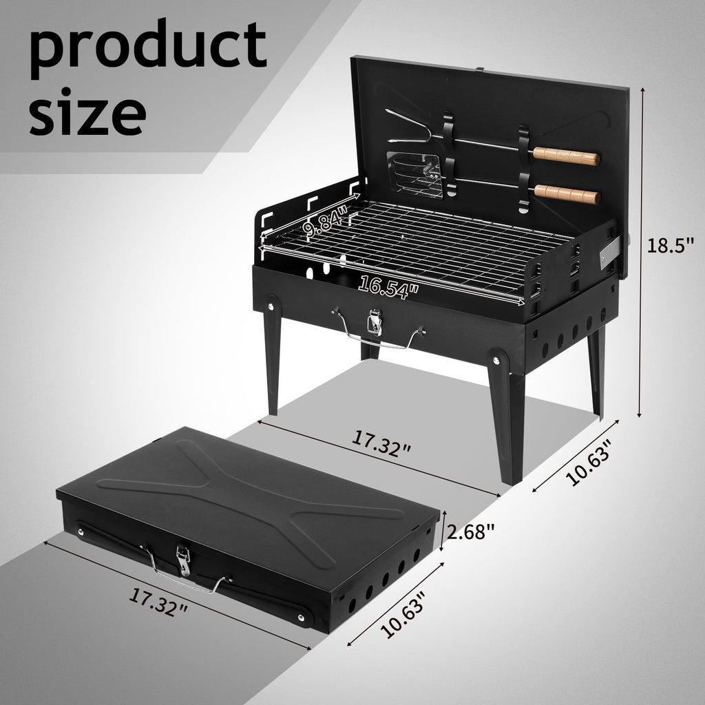 Portable Square Charcoal Grill with Fork and Shovel, Black O4999