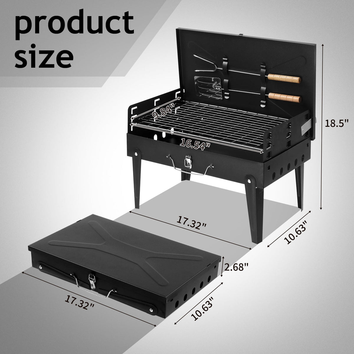 Portable Square Charcoal Grill with Fork and Shovel, Black O4999