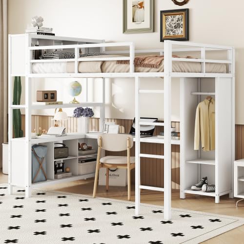 Black Full Size Metal Loft Bed with Wardrobe and L-Shaped Desk N8982