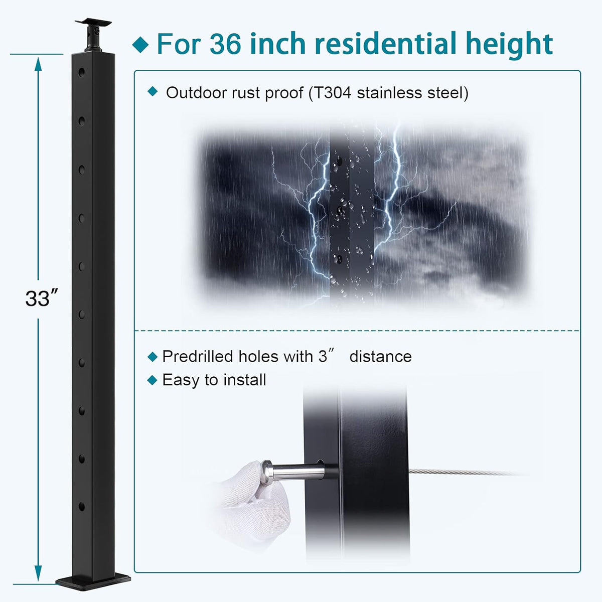 4 Pack Stainless Steel Black Cable Railing Post D931
