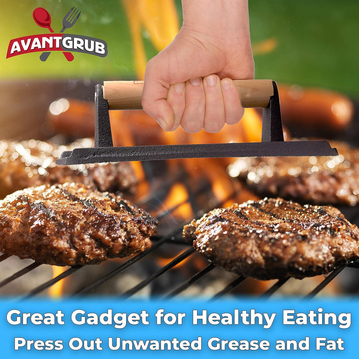 Pre Seasoned Cast Iron Grill Weight 3Pk Heavy Duty Steak and Burger Press with Wooden Handle Y69029