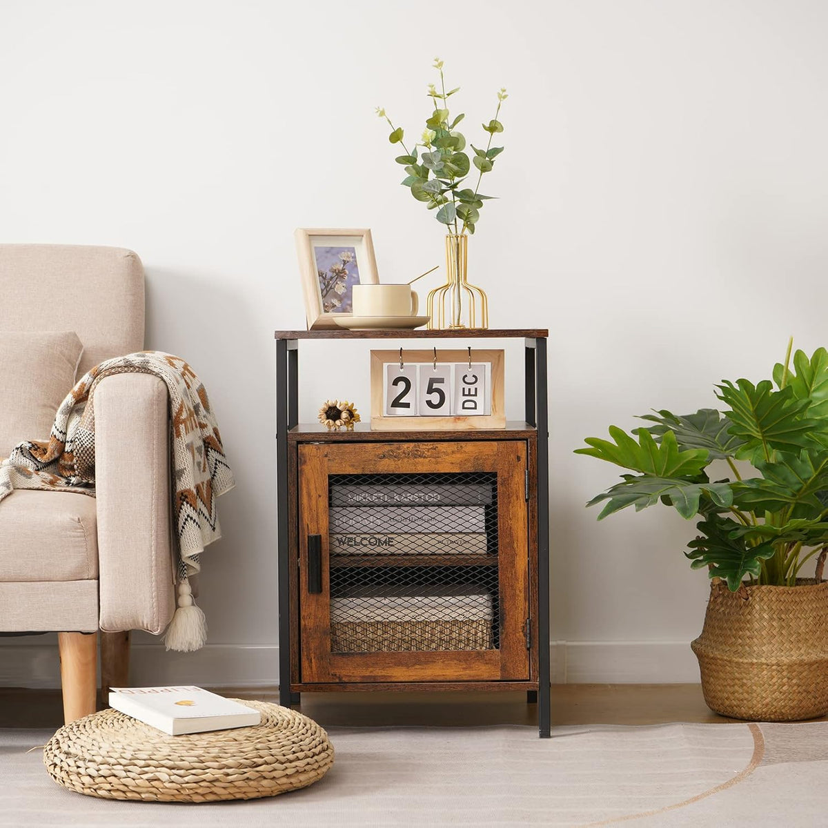 Rustic Brown Night Stand with Open Shelf and Mesh Door W248280