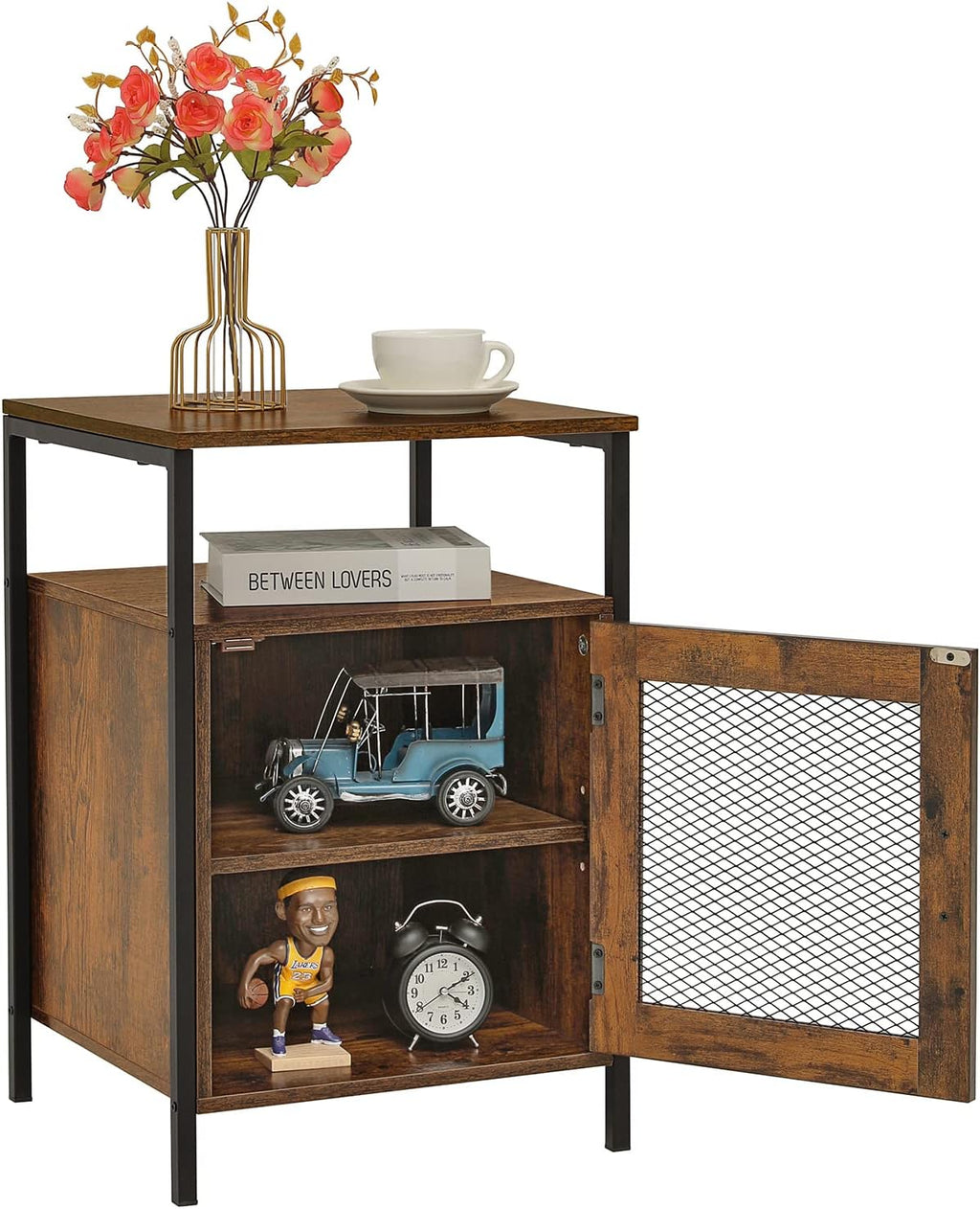 Rustic Brown Night Stand with Open Shelf and Mesh Door W248280