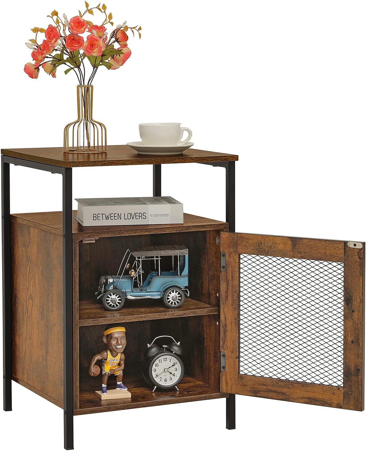 Rustic Brown Night Stand with Open Shelf and Mesh Door W248280