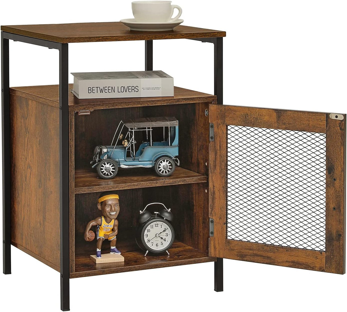 Rustic Brown Night Stand with Open Shelf and Mesh Door W248280