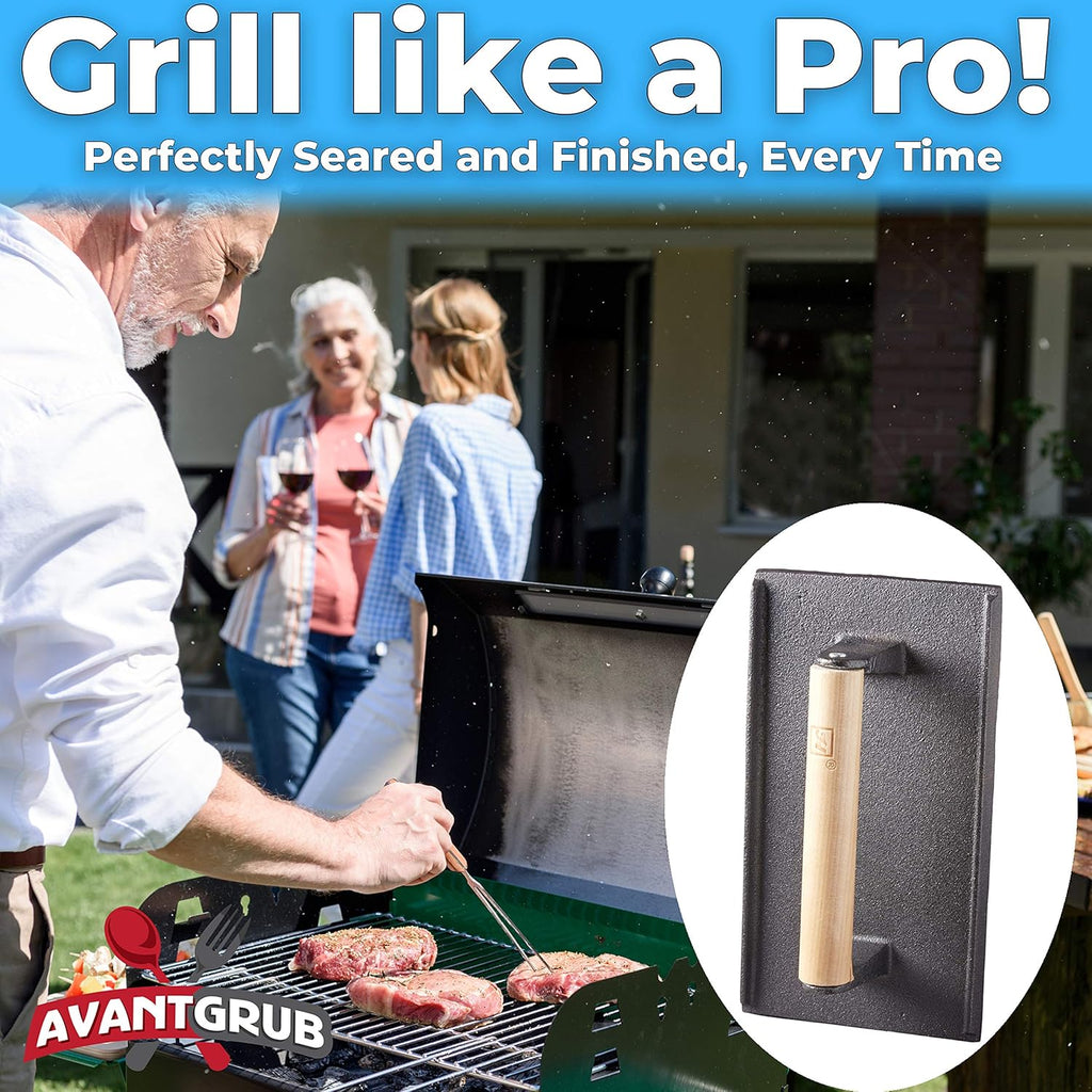 Pre Seasoned Cast Iron Grill Weight 3Pk Heavy Duty Steak and Burger Press with Wooden Handle Y69029