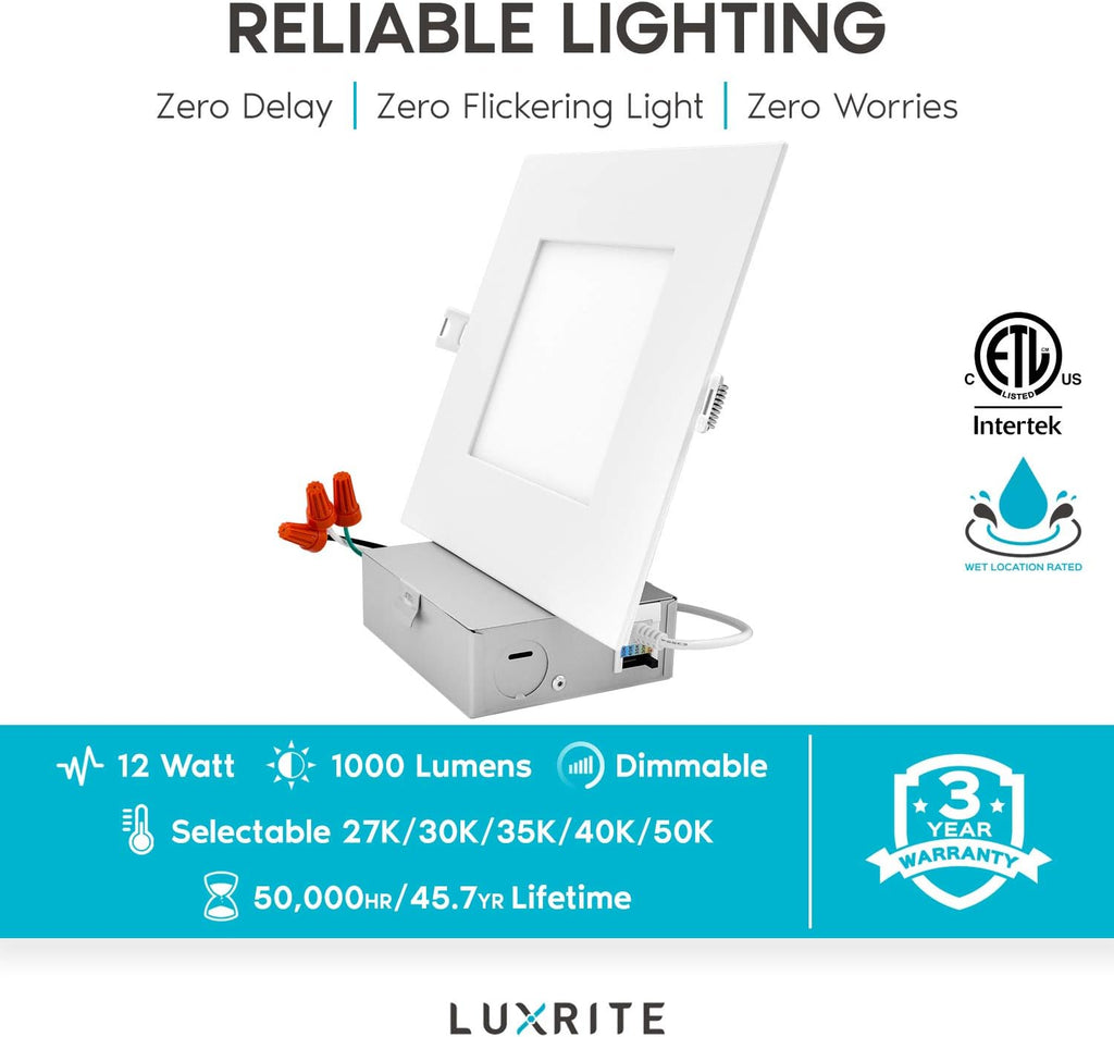 6 Inch Square LED Recessed Lighting, 5 Color Temperature, Dimmable, 4 Pack J449023