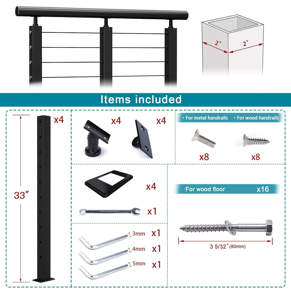 4 Pack Stainless Steel Black Cable Railing Post D931