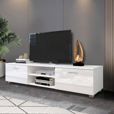 White TV Stand with Storage Cabinet and Open Shelves Z833