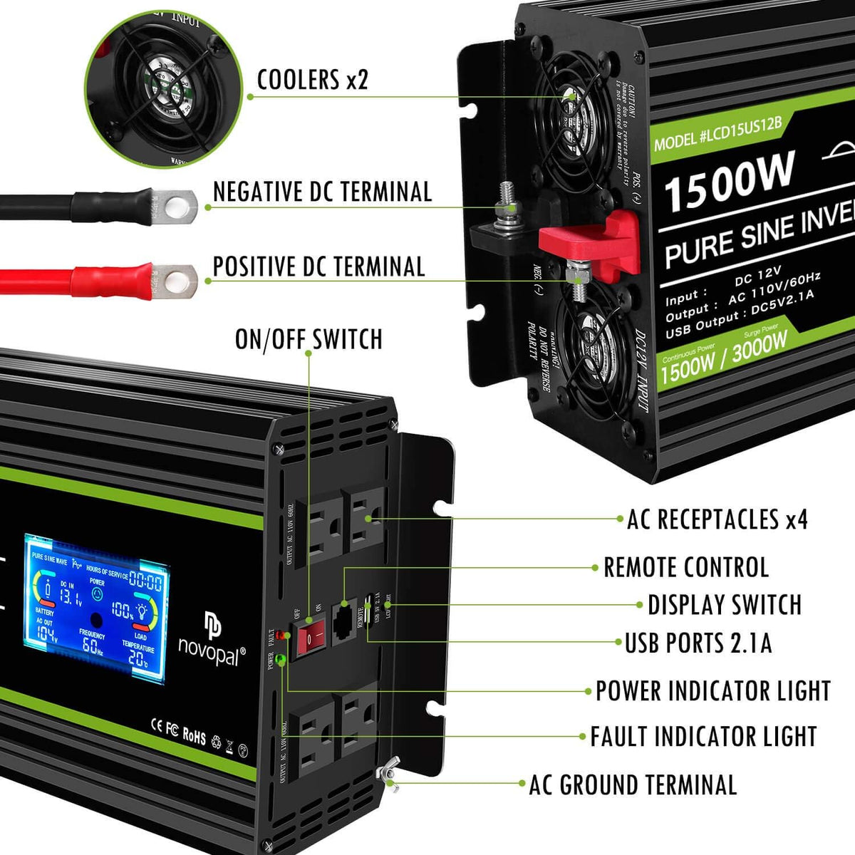 1500 watt Pure Sine Wave Power Inverter 12V to 110V/120V 4 AC Outlets X802