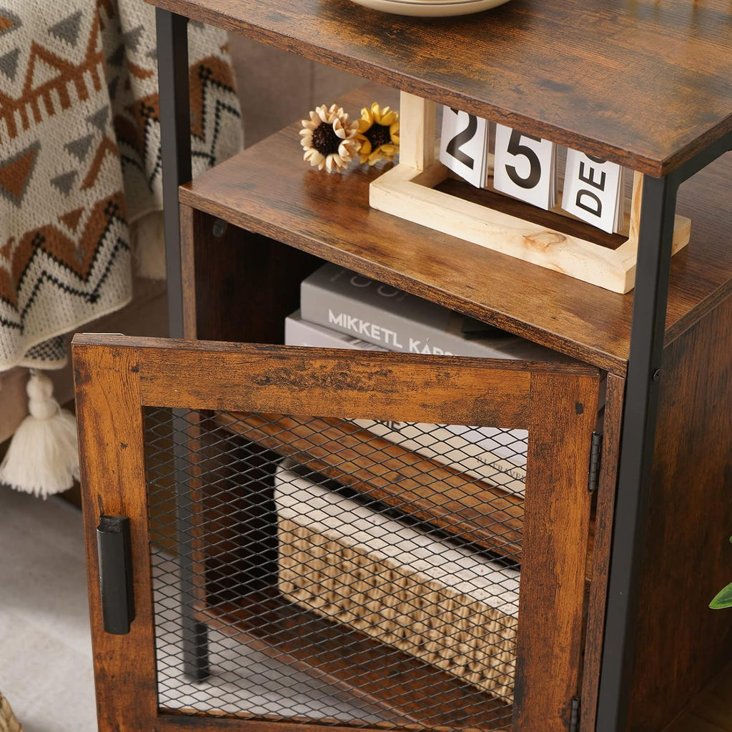 Rustic Brown Night Stand with Open Shelf and Mesh Door W248280