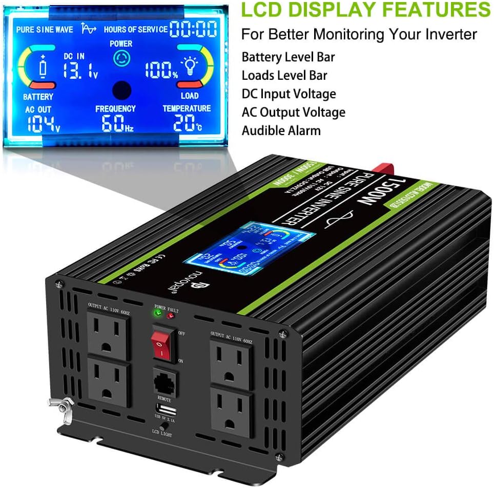 1500 watt Pure Sine Wave Power Inverter 12V to 110V/120V 4 AC Outlets X802