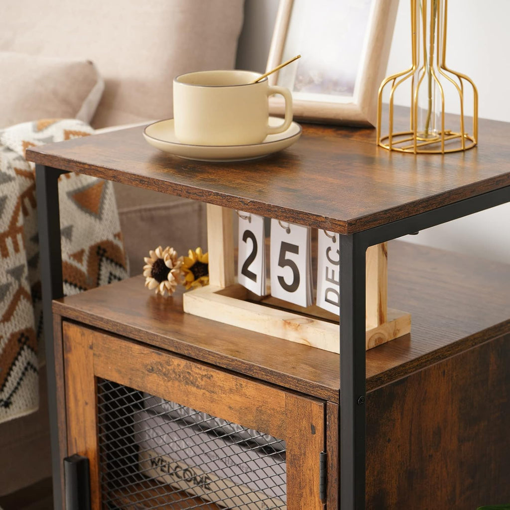 Rustic Brown Night Stand with Open Shelf and Mesh Door W248280