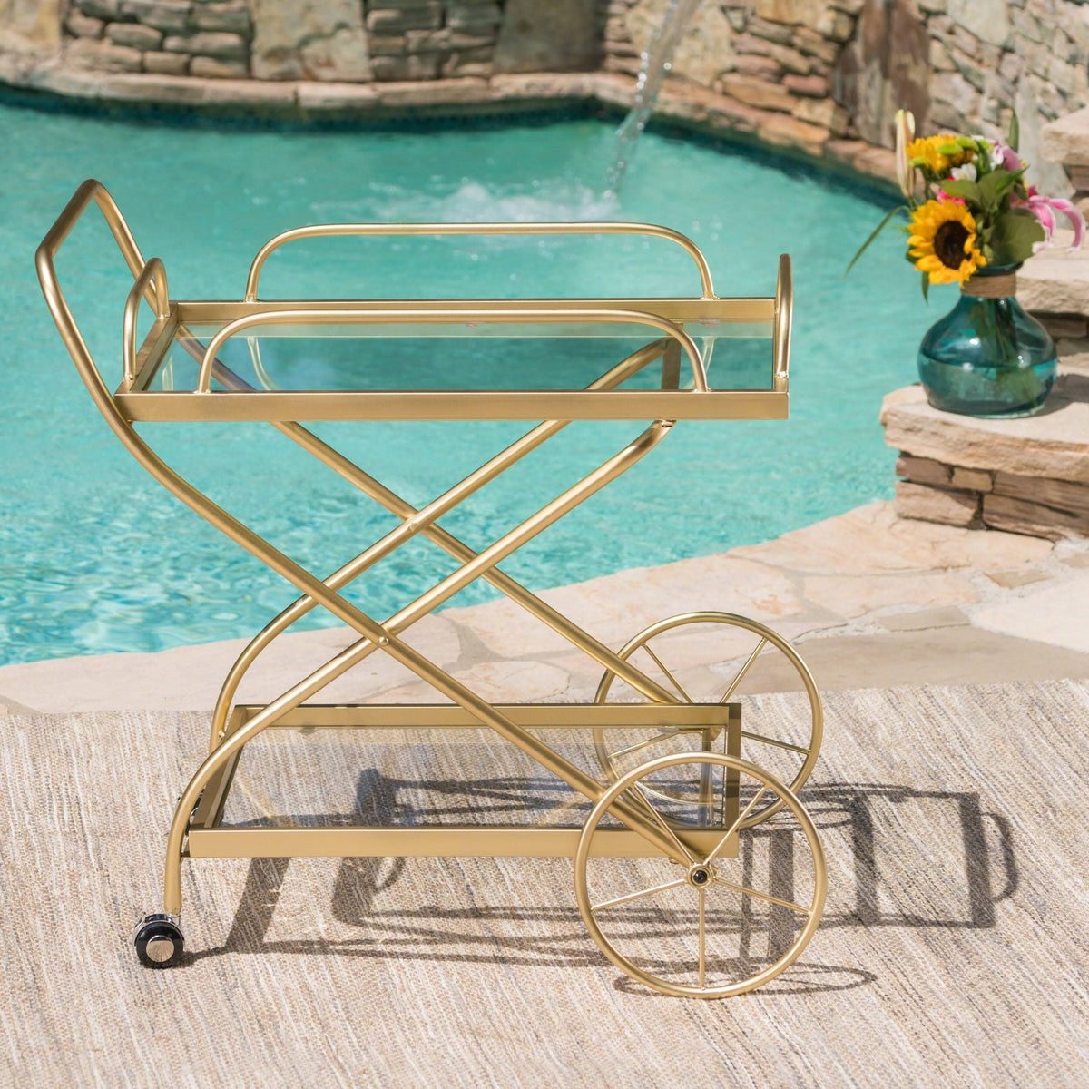 Black Iron Glass Bar Cart with Shelves I784310