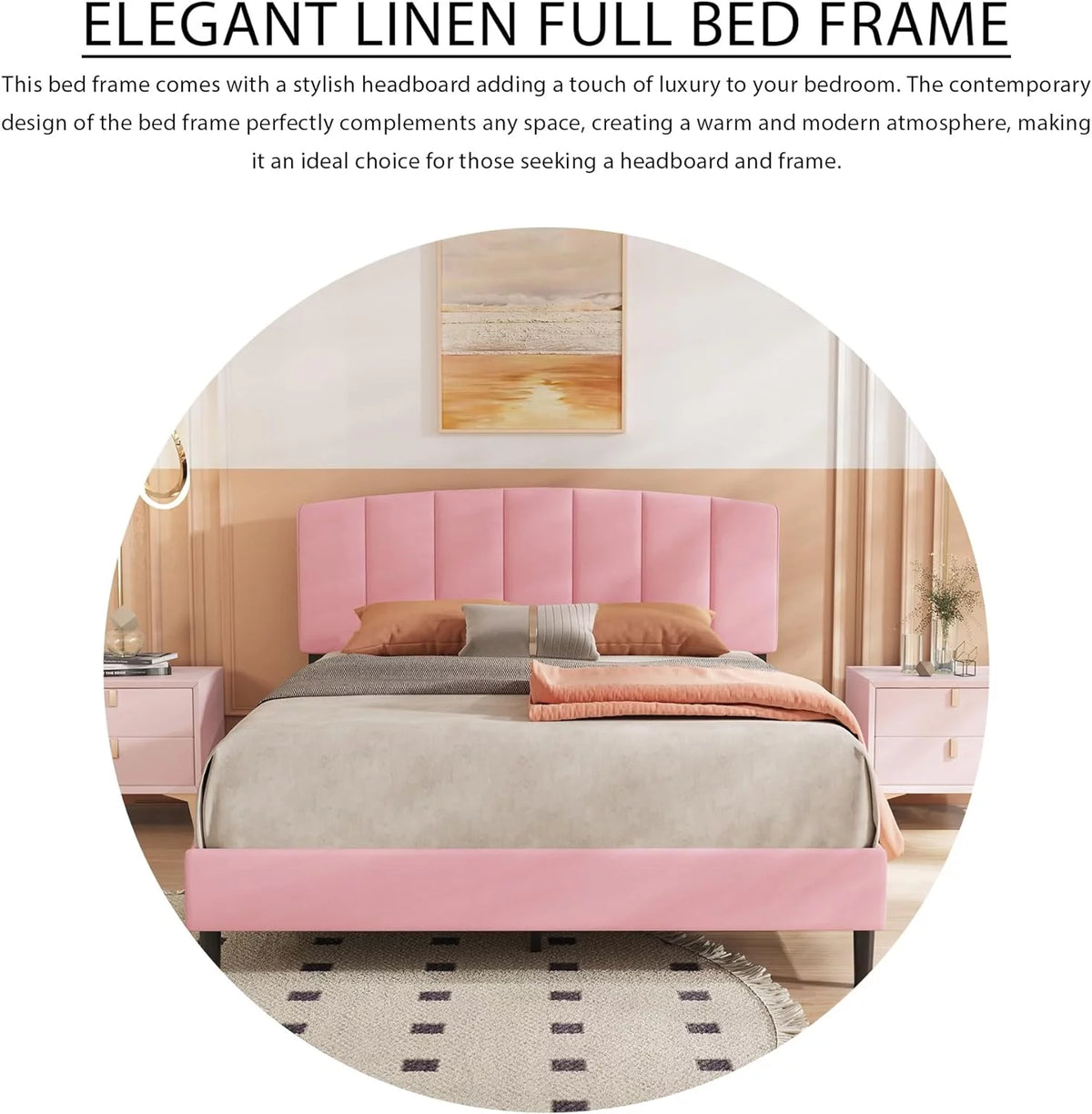 King Size Upholstered Platform Bed Frame with Headboard, Pink K738969