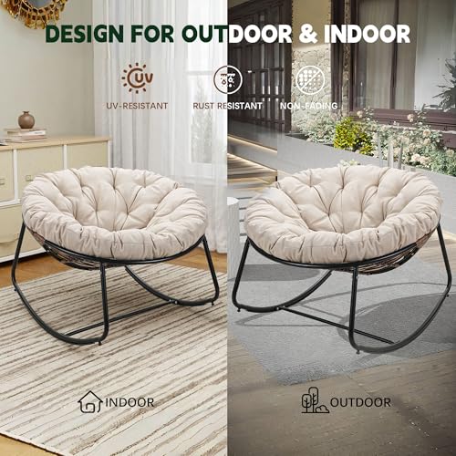 Oversized Wicker Rocking Chair with Beige Cushion R571