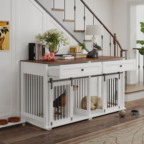 White Wooden Dog Crate Furniture with 2 Storage Drawers I65319