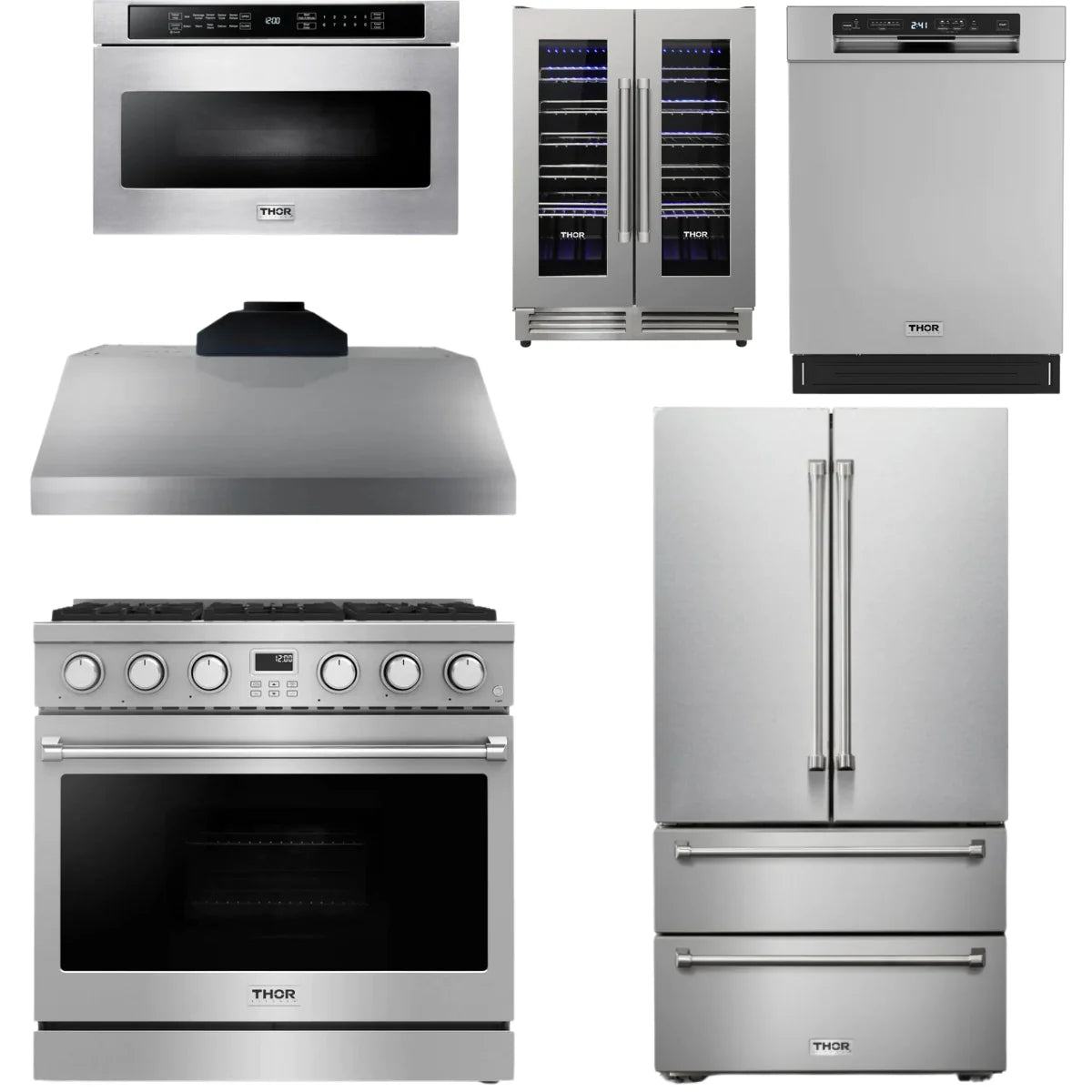 36 Gas Range, Range Hood, Refrigerator, Dishwasher, Microwave and Wine Cooler K44167