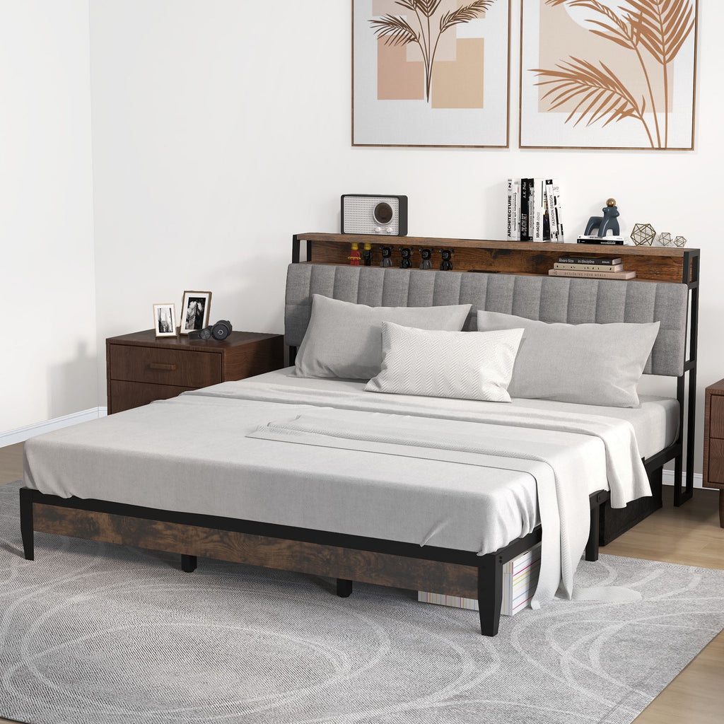 Full Size Upholstered Platform Bed Frame with Charging Station E96709