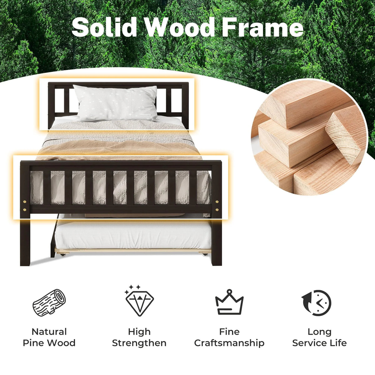 Twin Size Wood Platform Bed with Trundle and Headboard T665