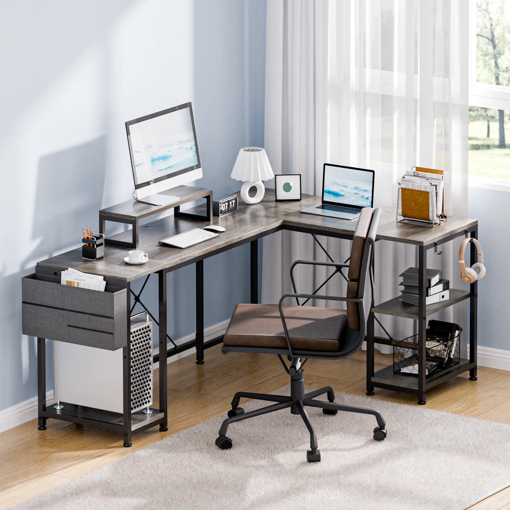 95" Grey Reversible L-Shaped Wood & Metal Computer Desk J1919