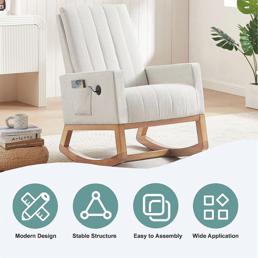 Mid-Century Rocking Nursery Chair with USB Ports and Storage Pockets H962
