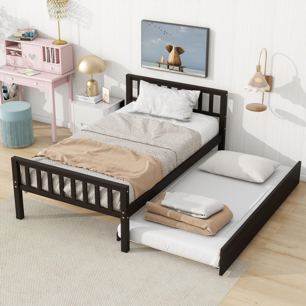 Twin Size Wood Platform Bed with Trundle and Headboard T665