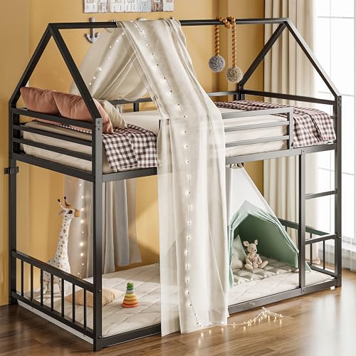 Twin Over Twin Bunk Bed with Ladder and Guardrail Black X638283