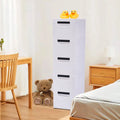 White Narrow Plastic 5 Drawer Dresser with Wheels D941