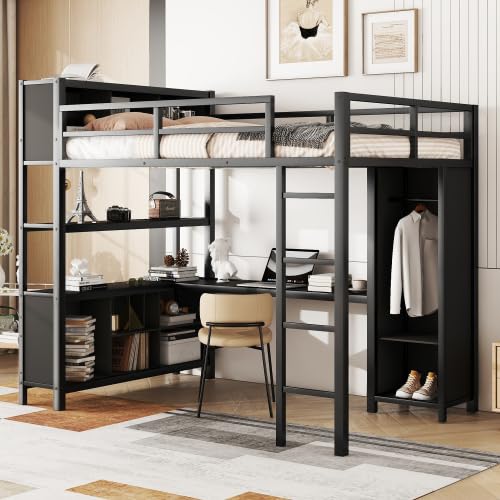 Black Full Size Metal Loft Bed with Wardrobe and L-Shaped Desk N8982