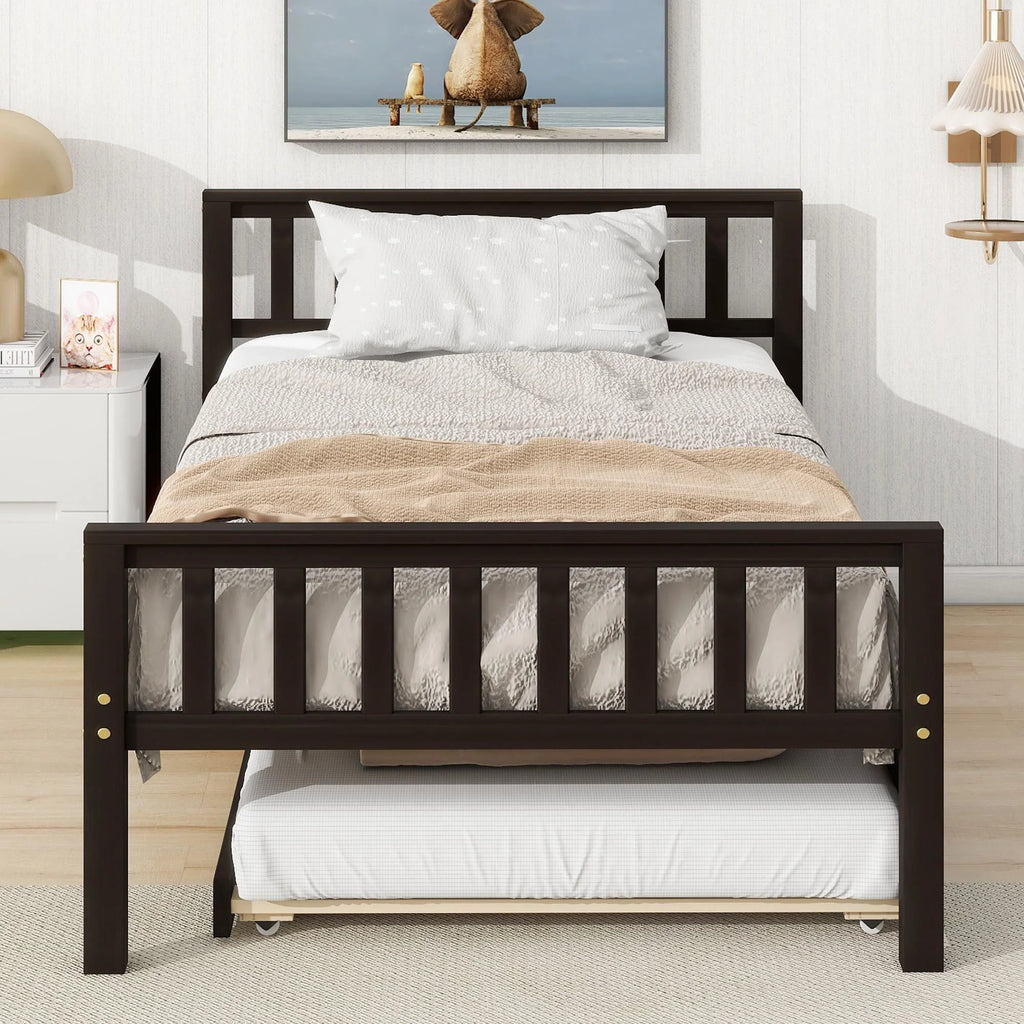 Twin Size Wood Platform Bed with Trundle and Headboard T665