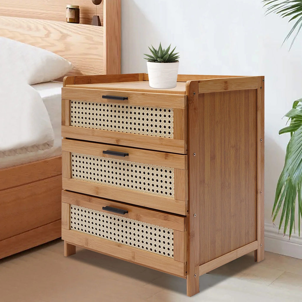 Bamboo Wood 3 Sliding Drawers Nightstand C6295
