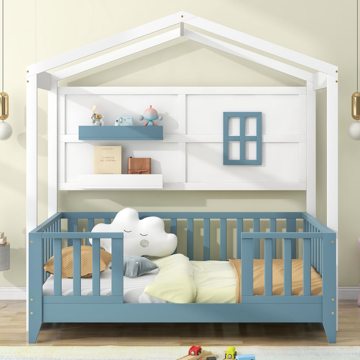 Twin Wood House Bed with 2 Shelves and Guardrail Z5449