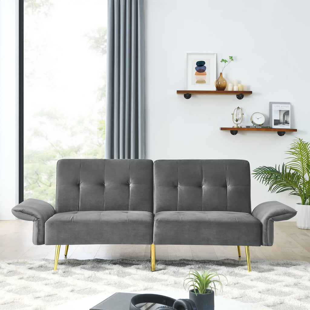 78" Grey Velvet Futon Sofa Bed Convertible Sleeper Loveseat D92739