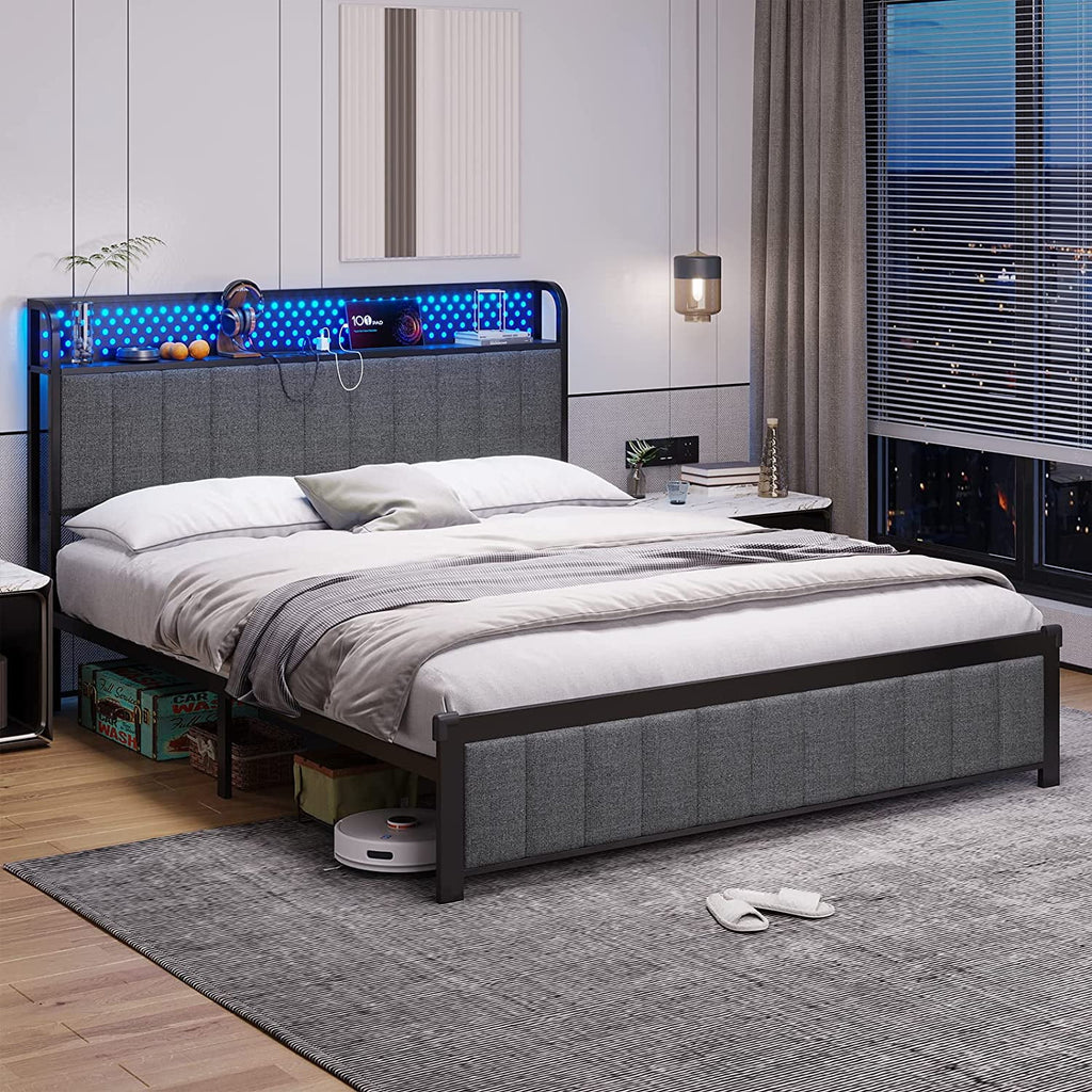 Queen Size Upholstered Platform Bed with LED Headboard and 4 Drawers L27831