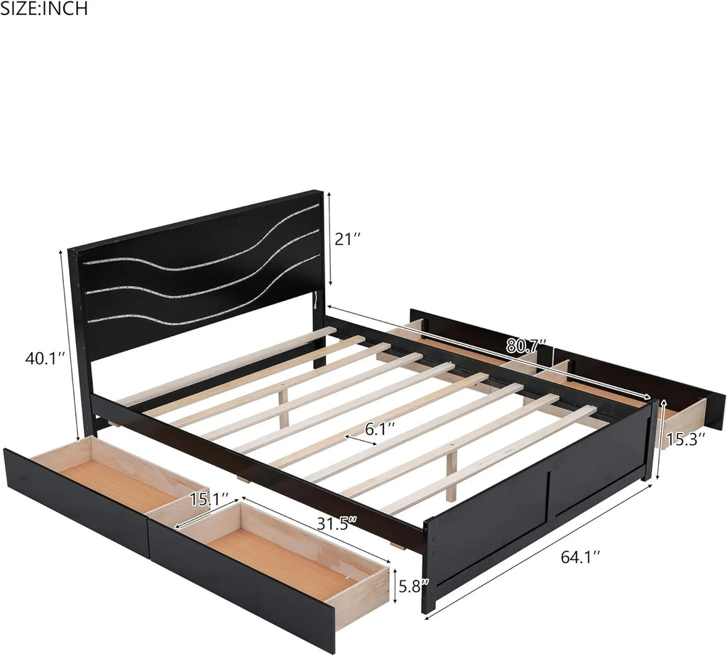 Queen Size Wood Platform Bed Frame with Headboard and 4 Storage Drawers T621