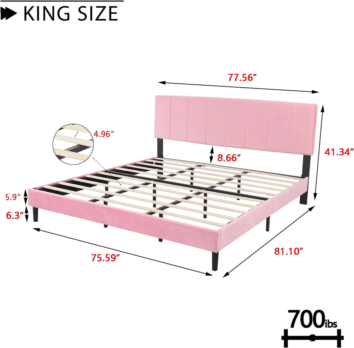 King Size Upholstered Platform Bed Frame with Headboard, Pink K738969