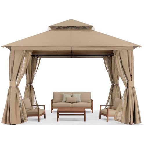 Dark Grey 9x9 Double Roof Patio Gazebo with Mosquito Netting and Curtain T171091